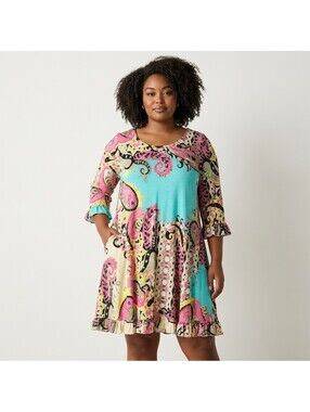 Paisley Grace Dress Women 2XL Blue Paisley Shift Midi 3/4 Sleeve Casual Stretch